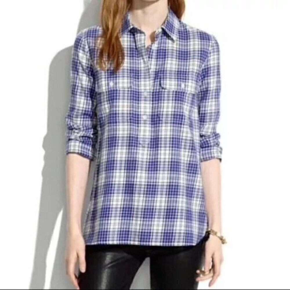 Madewell Blue & White‎ Plaid Market Long Sleeve Button Front Popover -Womens M